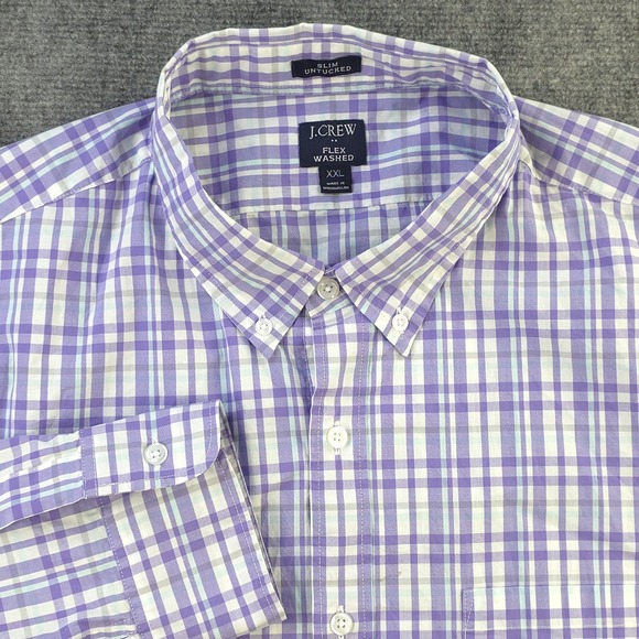 J Crew Flex Washed Shirt 2XL Slim Untucked Purple Plaid Long Sleeve Button Down - Picture 1 of 9